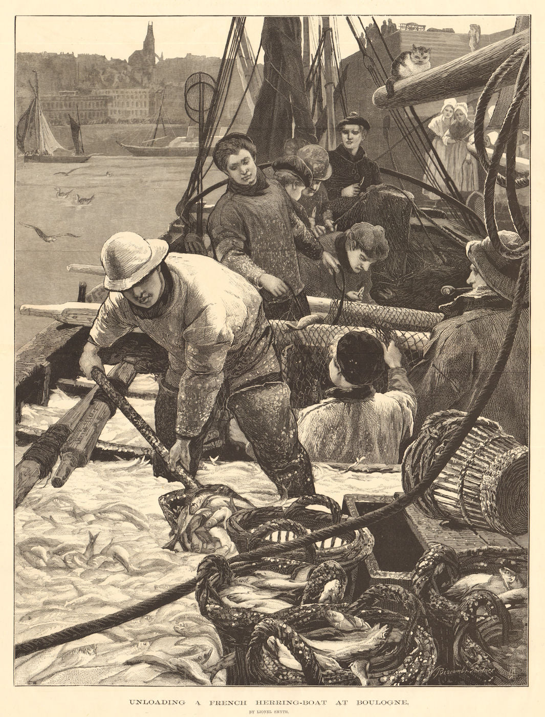 Unloading a French herring-boat at Boulogne, by Lionel Smyth. Fishermen 1876